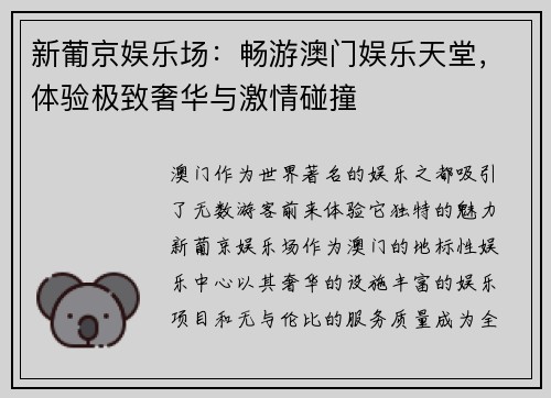 新葡京娱乐场：畅游澳门娱乐天堂，体验极致奢华与激情碰撞